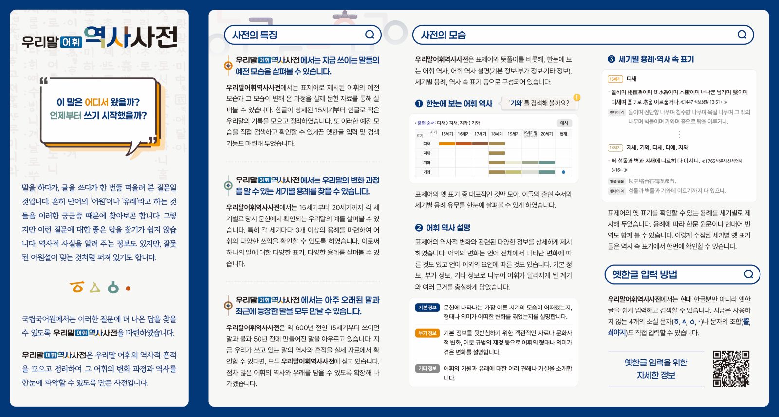 우리말어휘역사사전 리플릿 뒷면 - 사전 소개, 사전의 특징, 사전의 모습, 옛한글 입력 방법